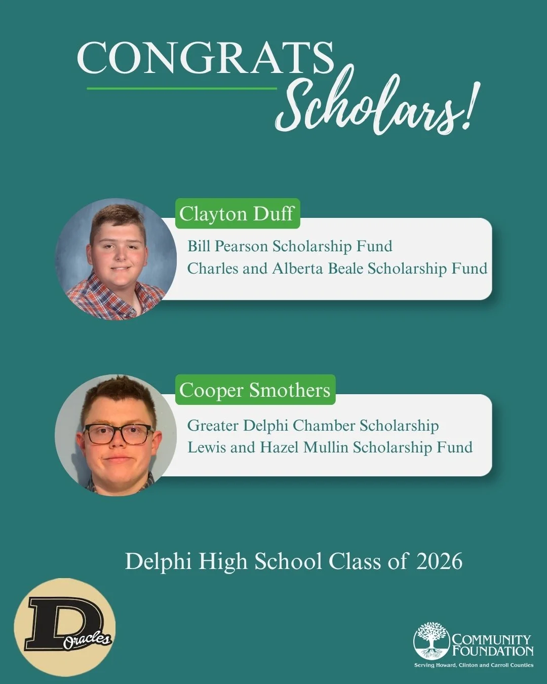 Happy Scholar Sunday! Each of these graduates of Delphi Community High School  earned scholarships awarded by the Carroll County Community Foundation. 

Generous donors establish and contribute to these scholarships, and we thank them for supporting 