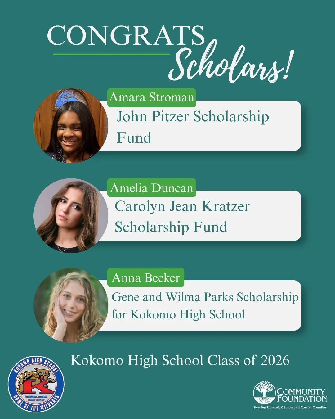 Happy Scholar Sunday! Each of these graduates of Kokomo High School earned scholarships awarded by the Community Foundation of Howard County. 

Generous donors establish and contribute to these scholarships, and we thank them for supporting the futur