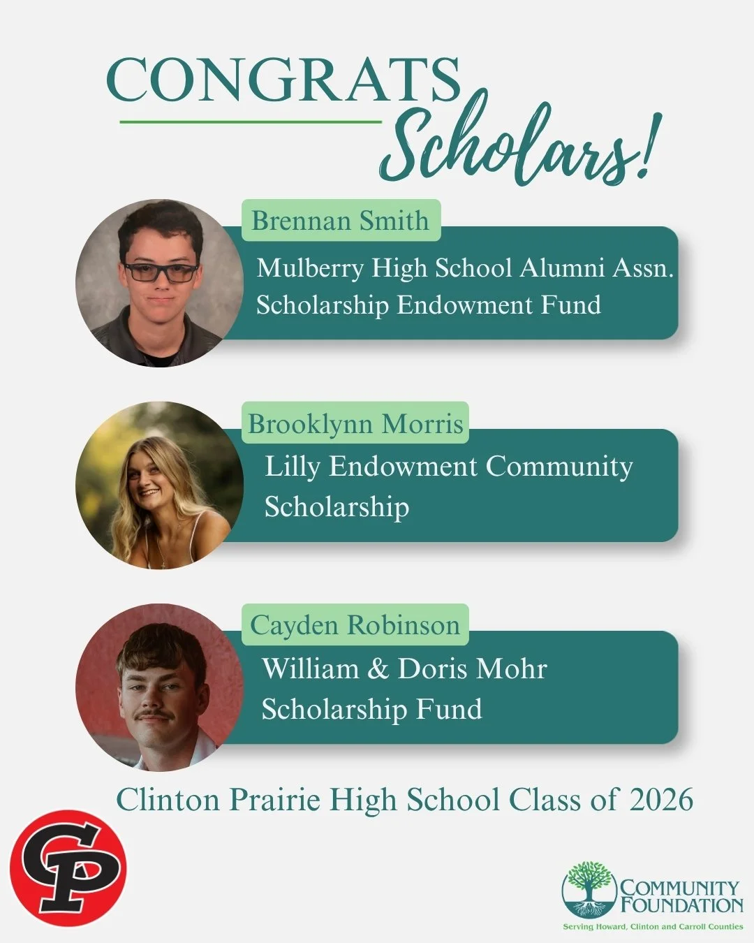 Happy Scholar Sunday! These graduates of Clinton Prairie High School, along with current undergraduates, earned scholarships awarded by the Clinton County Community Foundation. 

Generous donors establish and contribute to these scholarships, and we 