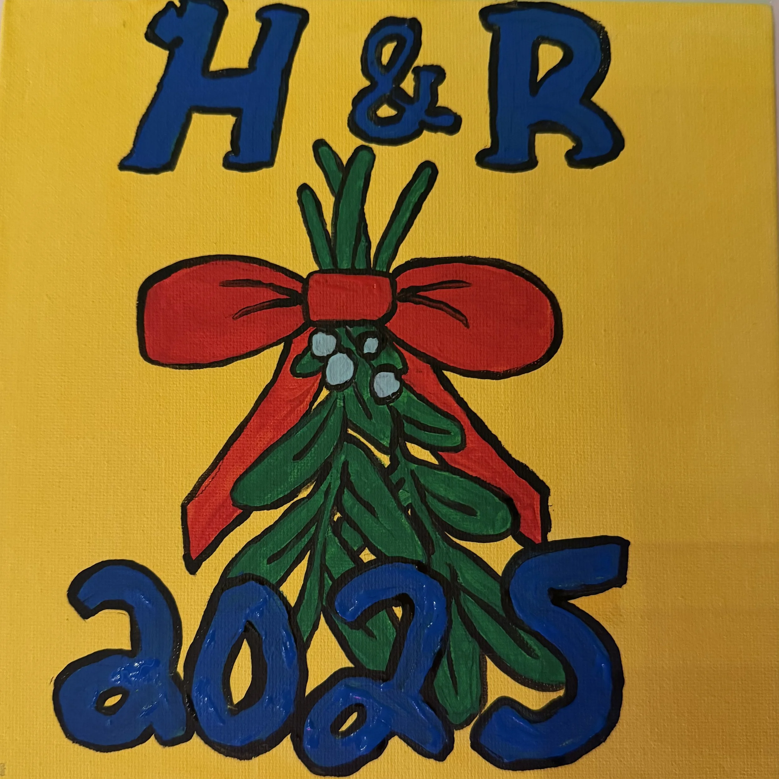 A colorful drawing on a yellow background featuring the text 'H & R 2023' in blue with black outlines, and a red bow with green leaves and berries in the center.