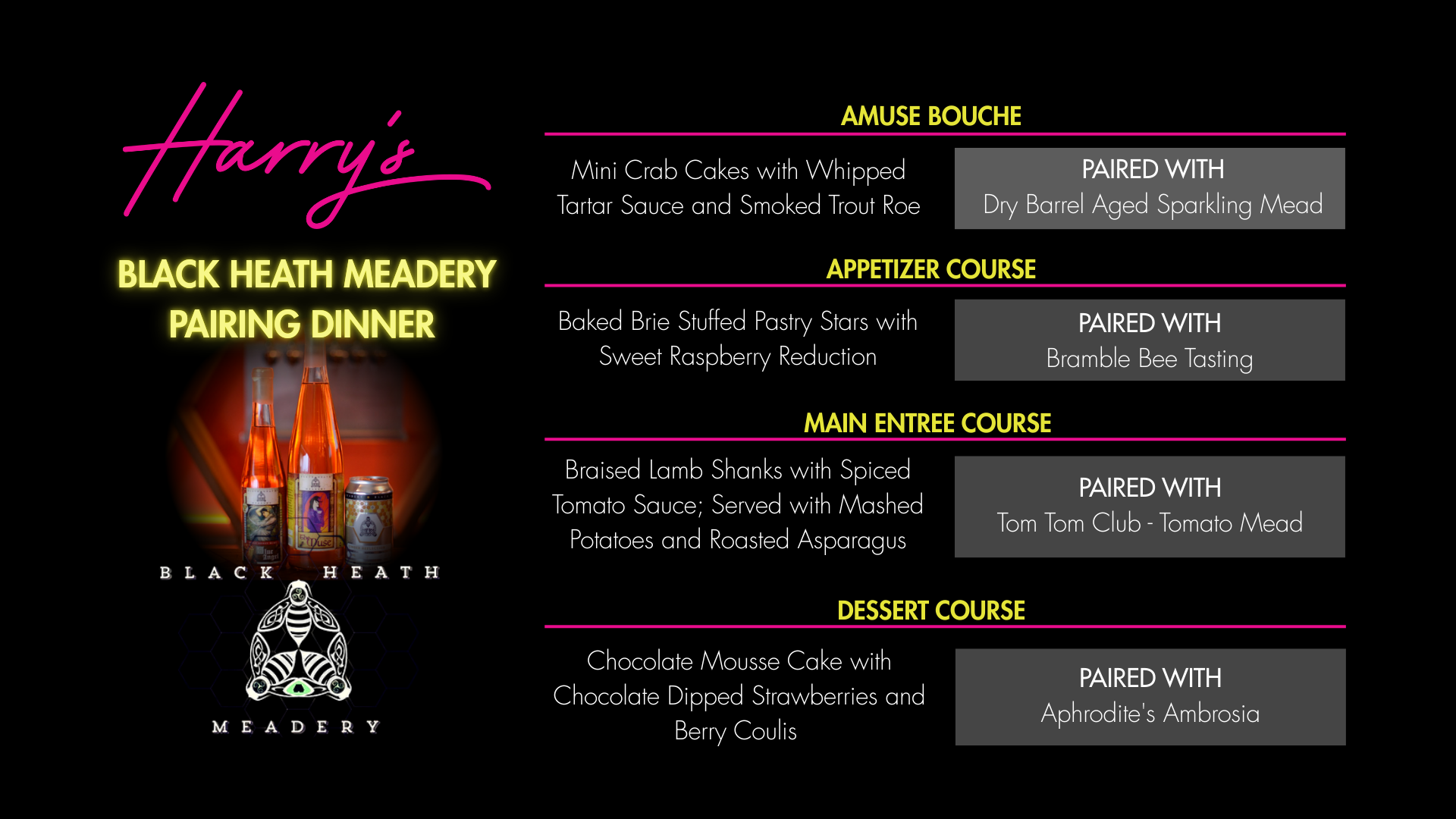 Black Heath Meadery Pairing Dinner at Harry’s at Hofheimer