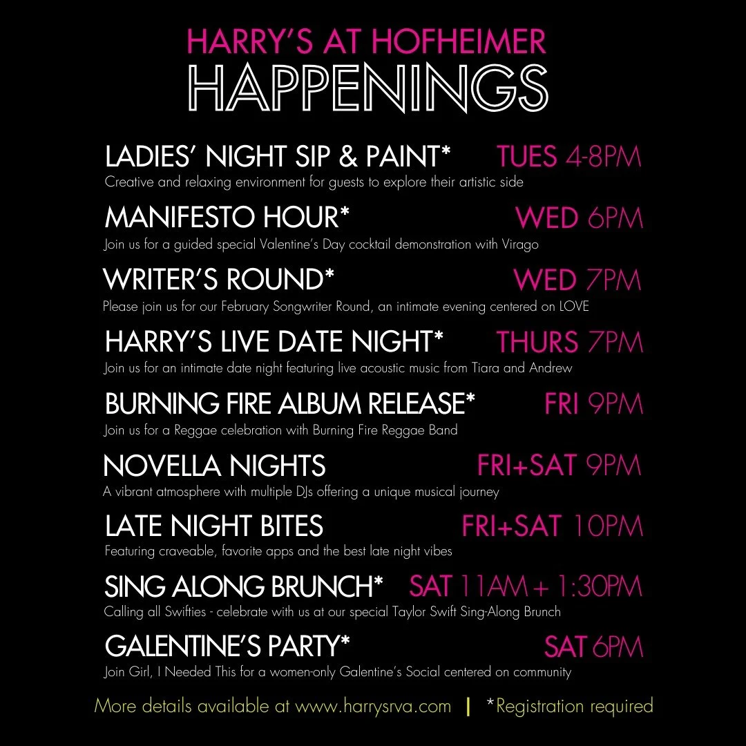 Your week at Harry&rsquo;s, officially planned ✨
From Sip &amp; Paint and Manifesto Hour to live music, late night bites, and Sing-Along Brunch, there&rsquo;s something happening every night.

Pick your plans, grab your people, and make it a week wor