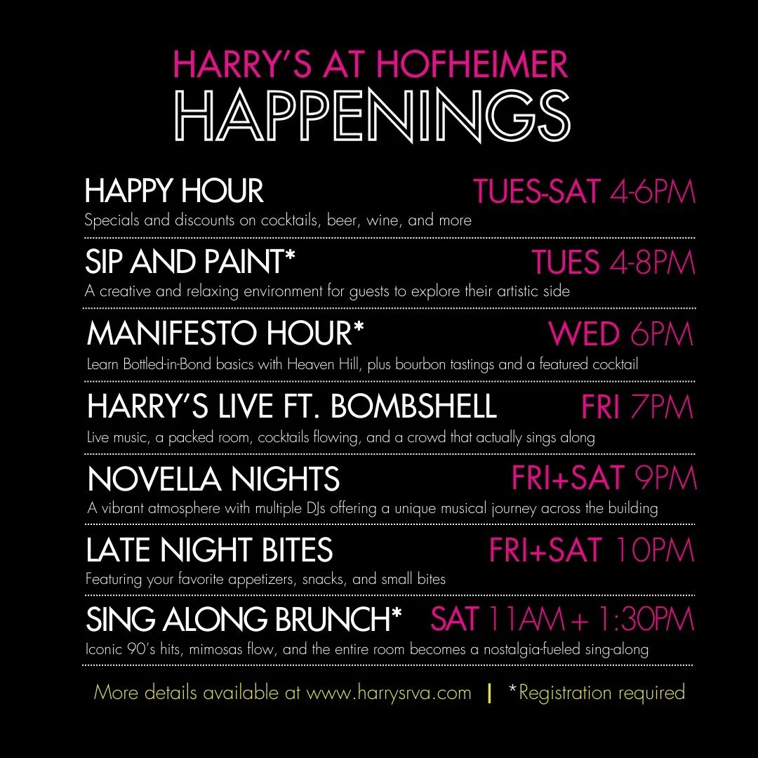 Your week just planned itself. ✨

From Happy Hour and Manifesto Hour to Harry&rsquo;s LIVE, Novella Nights, and Sing-Along Brunch&hellip; there&rsquo;s always something happening inside the Historic Hofheimer Building.

Whether you're planning date n