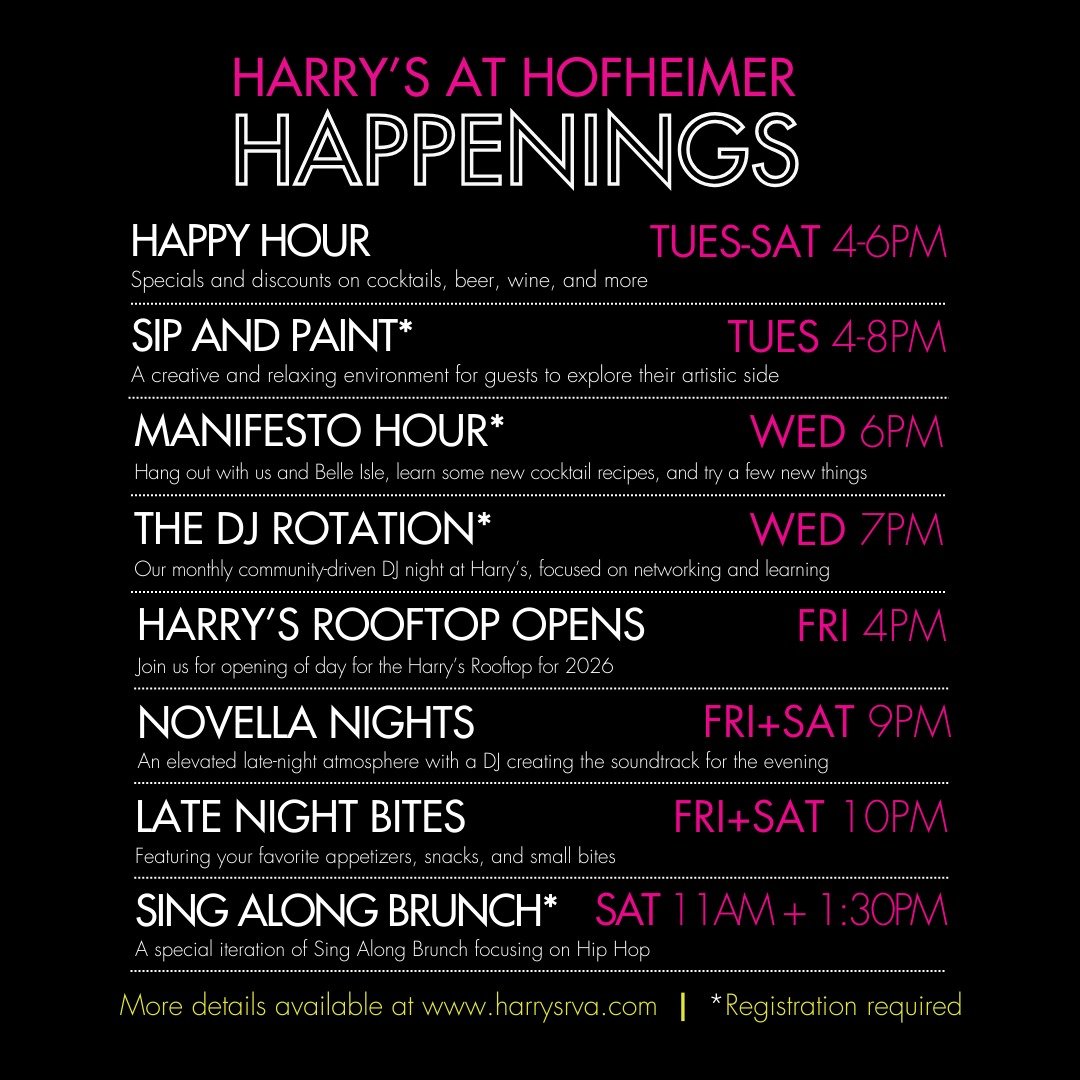 There&rsquo;s always something happening at Harry&rsquo;s. ✨

From Happy Hour and Manifesto Hour to Sip &amp; Paint, Sing-Along Brunch, and Novella Nights, the week is packed with experiences worth planning around.

Save this post so you know what&rs