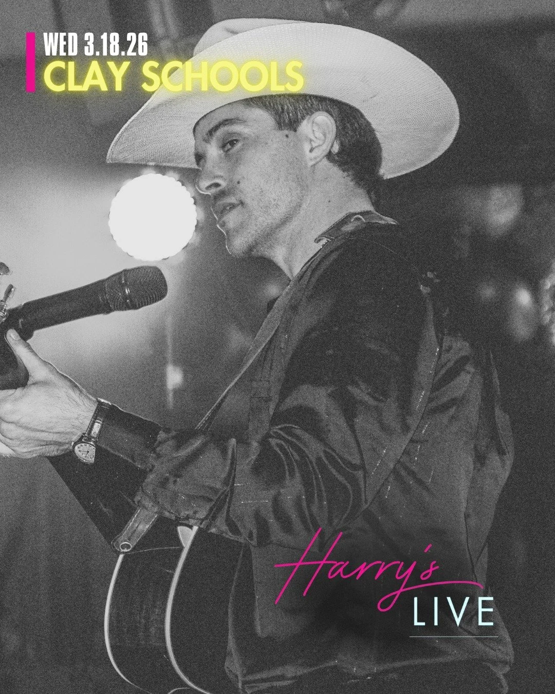 Harry&rsquo;s LIVE Presents: Clay Schools

Wednesday, March 18 | Country roots. Classic storytelling. A voice built for the stage.

Clay Schools brings a modern country sound with timeless influences, delivering a live set that blends heartfelt lyric