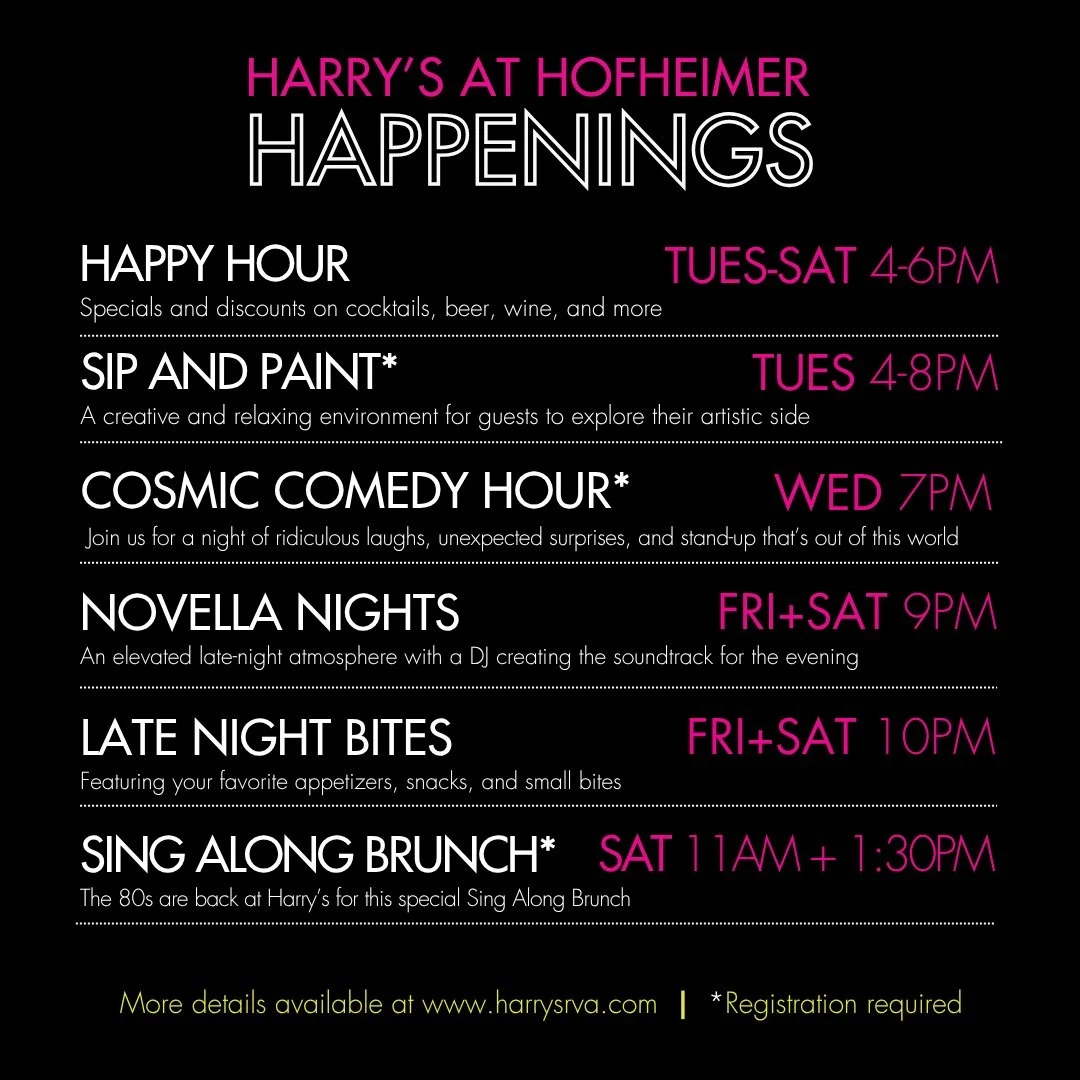 Your week at Harry&rsquo;s = handled 🍸✨

From happy hour to late night, sing-alongs to comedy, there&rsquo;s always something happening inside the Hofheimer. Whether you&rsquo;re planning a night out or just seeing where the evening takes you&hellip