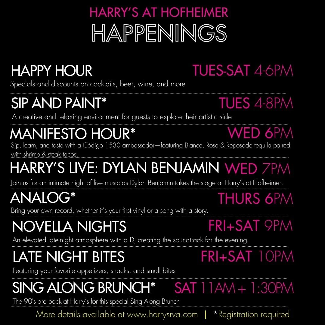 This Week at Harry&rsquo;s ✨

Midweek plans? Handled.
Weekend energy? Already waiting for you.

From laid-back happy hours to live music and everything in between, there&rsquo;s always something happening at Harry&rsquo;s. Whether you&rsquo;re stoppi