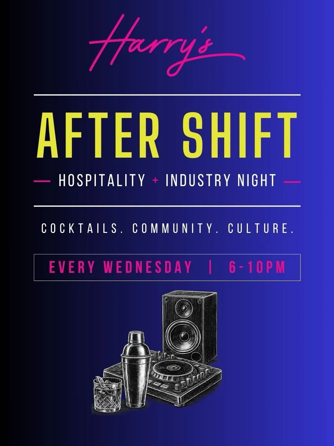 Clock out. Pull up. 🍸

Tonight is After Shift &mdash; Richmond&rsquo;s weekly gathering for the people who make the city move.

🎟️ Hospitality + Industry Night
🍹 Drink specials
🍔 $10 burgers + fried chicken sandwiches
🍗 $1 wings
🎶 Harry&rsquo;s
