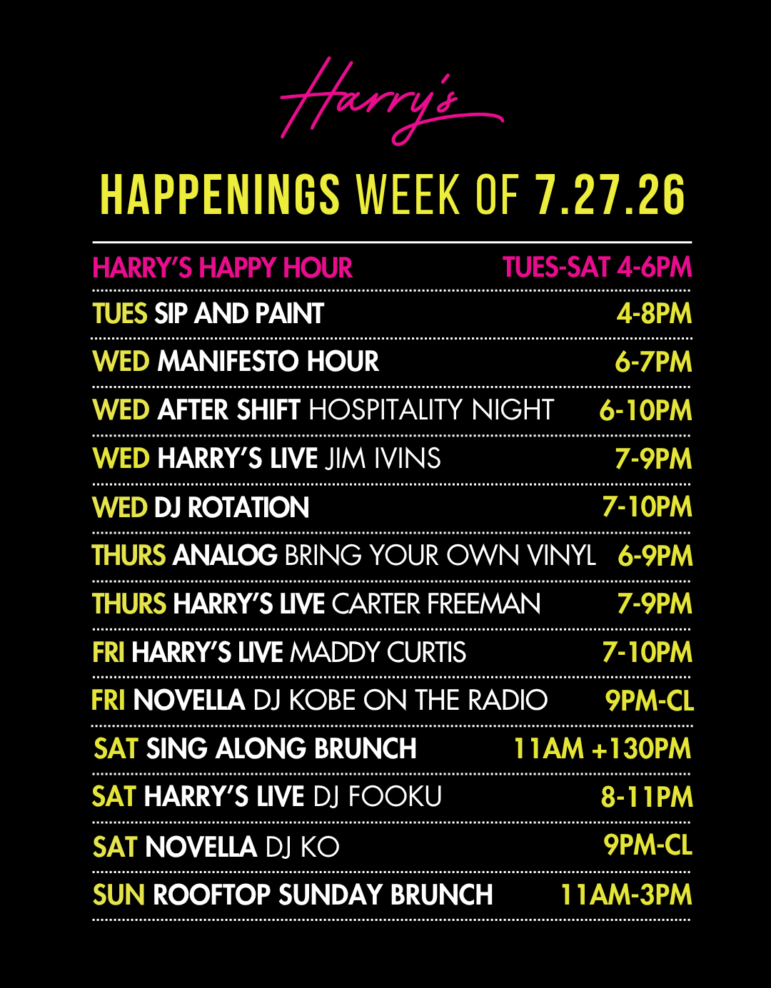 Harry’s at Hofheimer Weekly Happenings | July 27 - August 2, 2026
