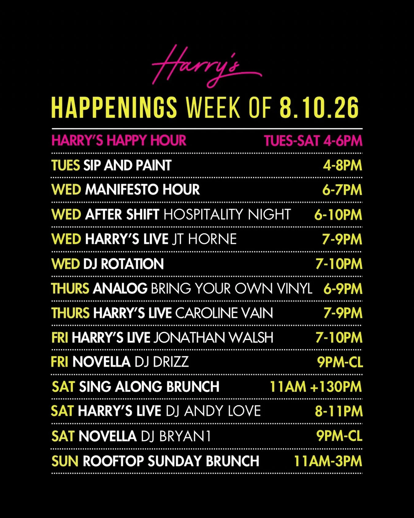 Alright, alright! The wait is over. Here is this week&rsquo;s happenings drop:

🎨 Sip &amp; Paint 
A perfect way to switch up date night or spend time with friends~

🧚 Manifesto Hour: Whimsical Wednesday
Channel your inner whimsy this week at Manif