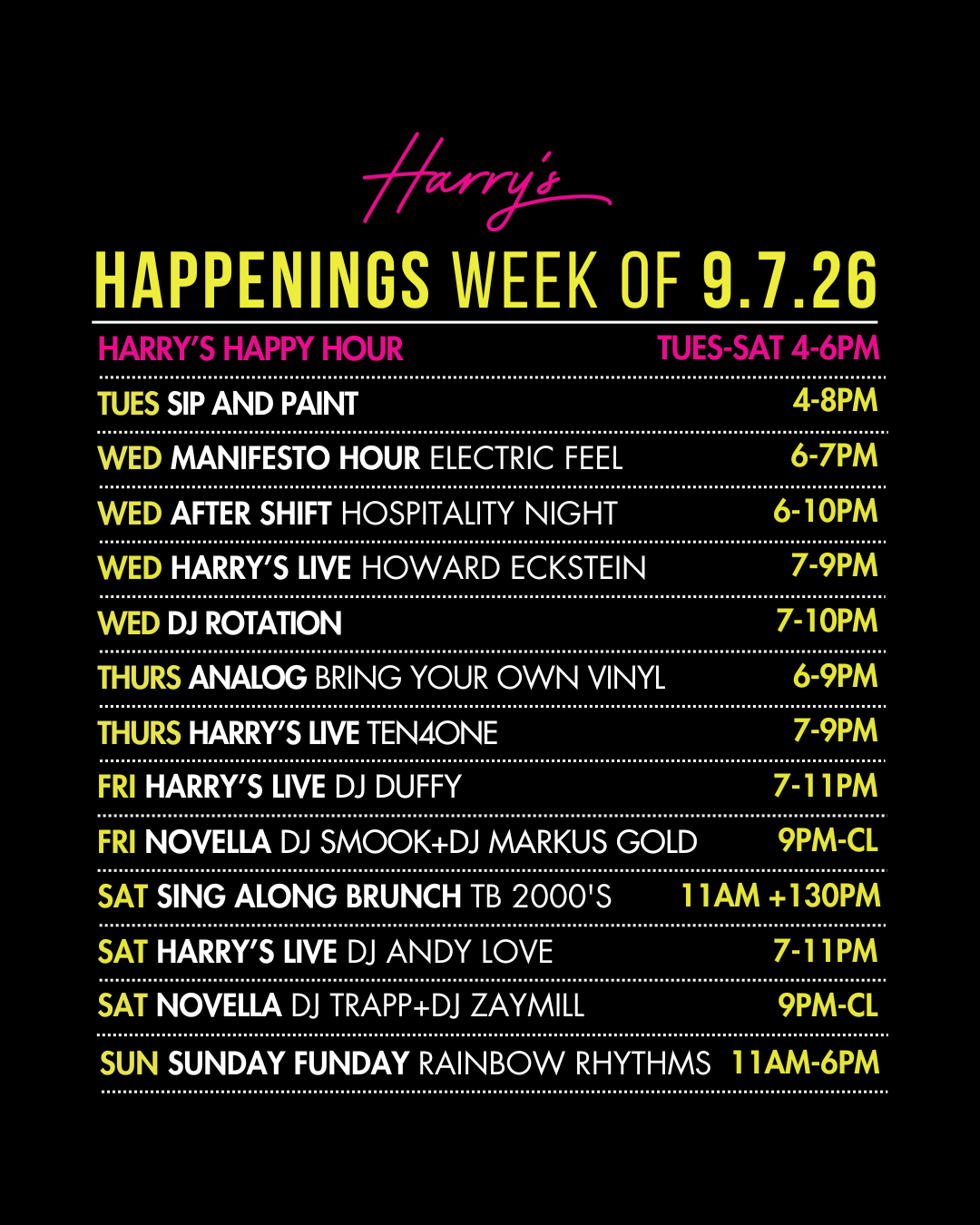 Harry’s at Hofheimer Weekly Happenings | September 7-13, 2026