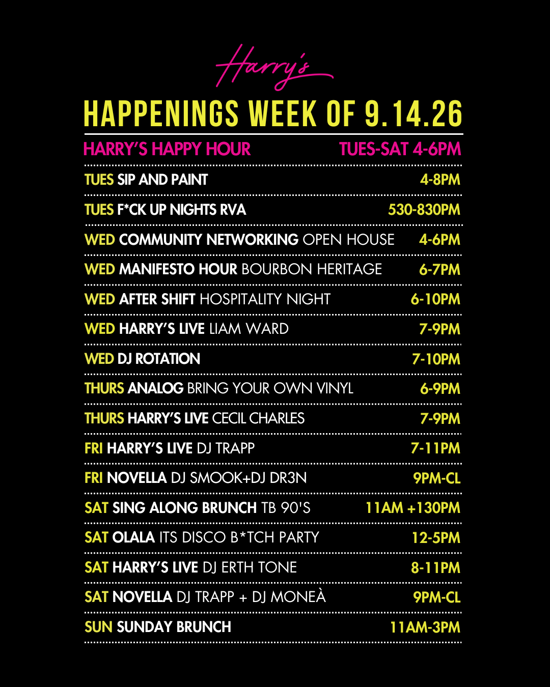 Harry’s at Hofheimer Weekly Happenings September 15-20