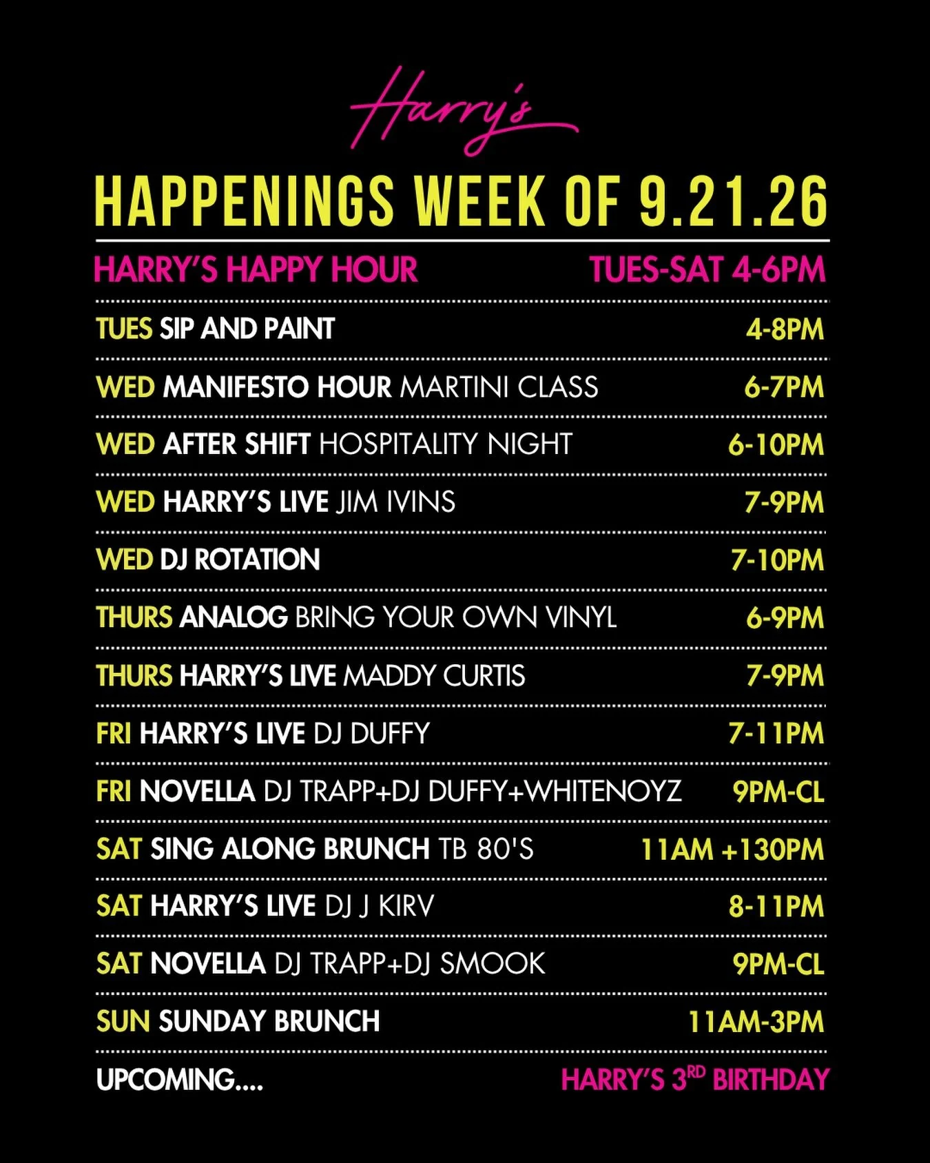 Happy Monday, Richmond!&nbsp;Enjoy this week&rsquo;s highlights: 

🎨 Sip &amp; Paint&nbsp;
Tuesdays are for art here at Harry&rsquo;s&hellip;.. Should we feature local RVA artists? Let us know in the comments👀

🍸Manifesto Hour: The Martini
Kicking