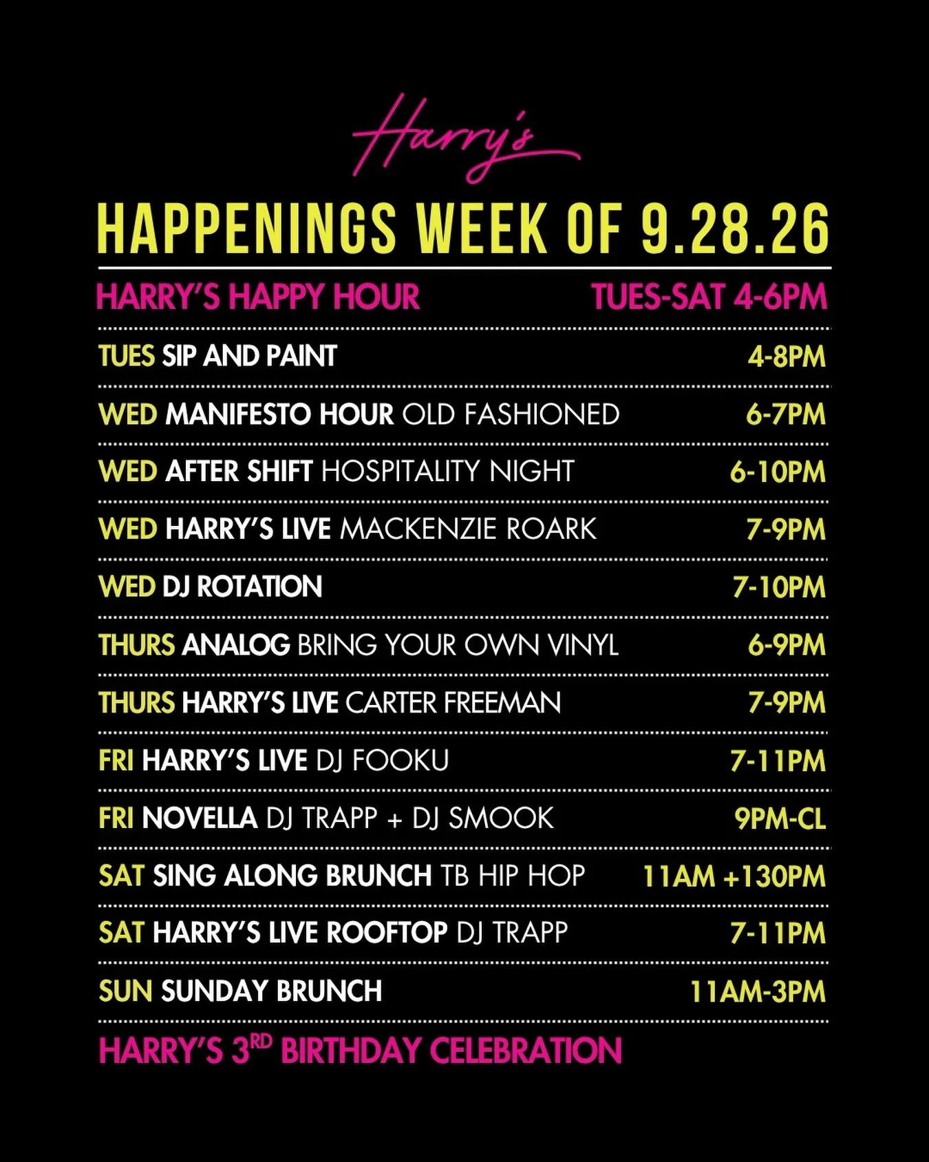 Your favorite go-to events, Richmond. Check out what&rsquo;s new this week:

🍸Happy Hour
Every Tuesday-Saturday from 4-6PM at Harry&rsquo;s restaurant bar!&nbsp;
&nbsp;
🥃 Manifesto Hour: The Old Fashioned
Learn the history and basics of the Old Fas