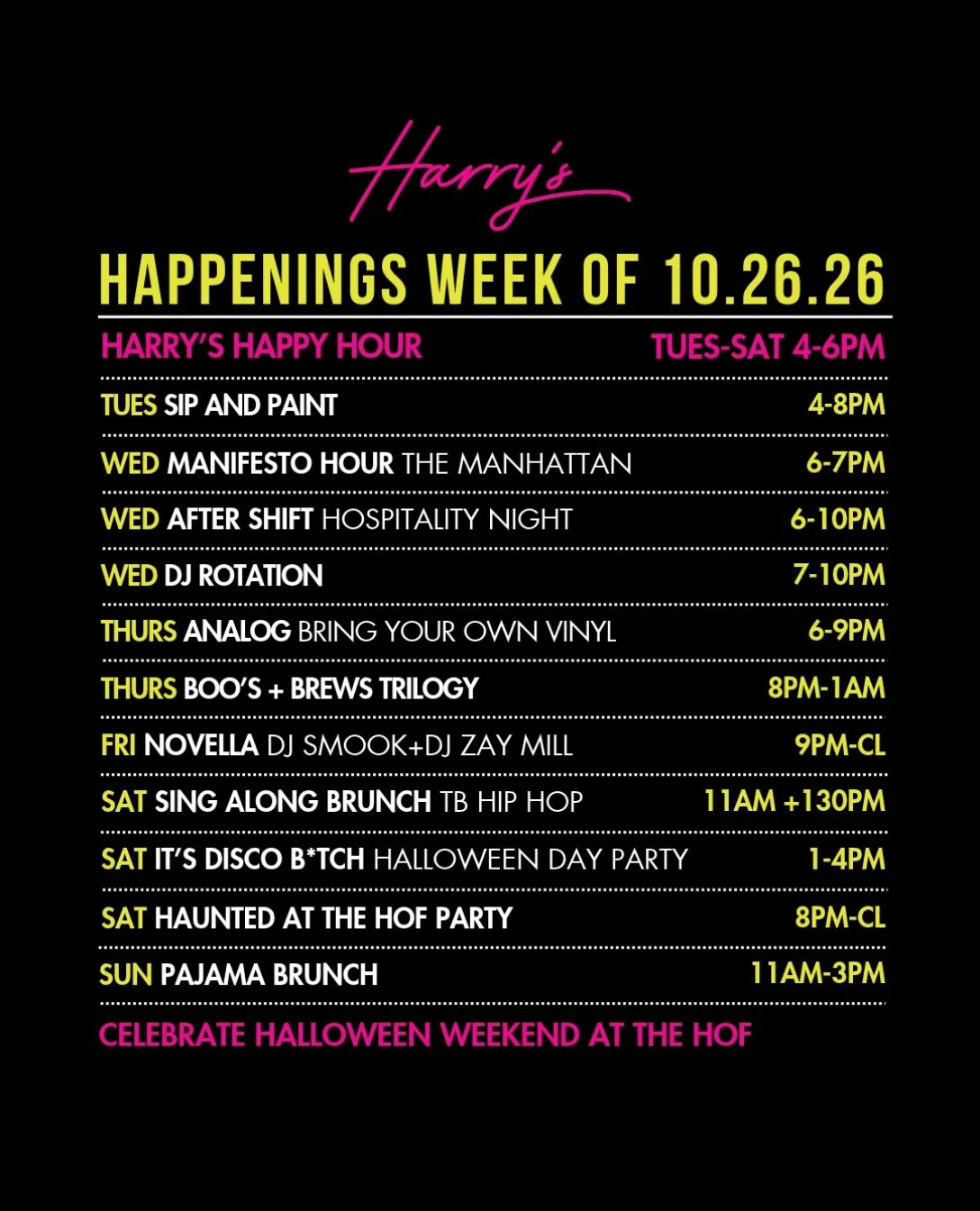 Richmond, it is officially Halloween week and there are no tricks at Harry&rsquo;s- ONLY TREATS😜Your first one? The lineup for all the fun we have planned for you. You&rsquo;re welcome😇

🥃Manifesto Hour: The Manhattan
Learn all about the Manhattan