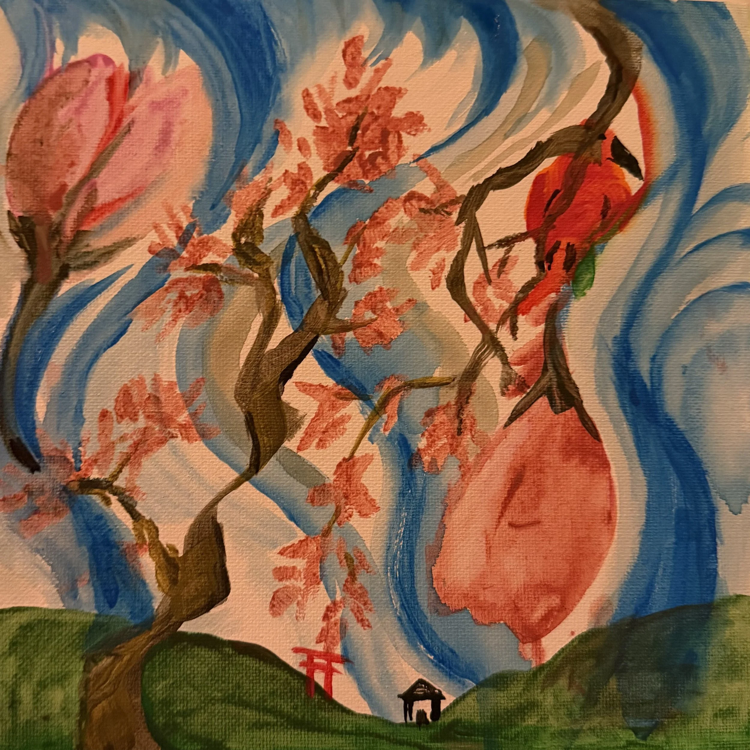 A colorful painting depicting a tree with pink blossoms against a swirling blue sky, with a small structure at the bottom.