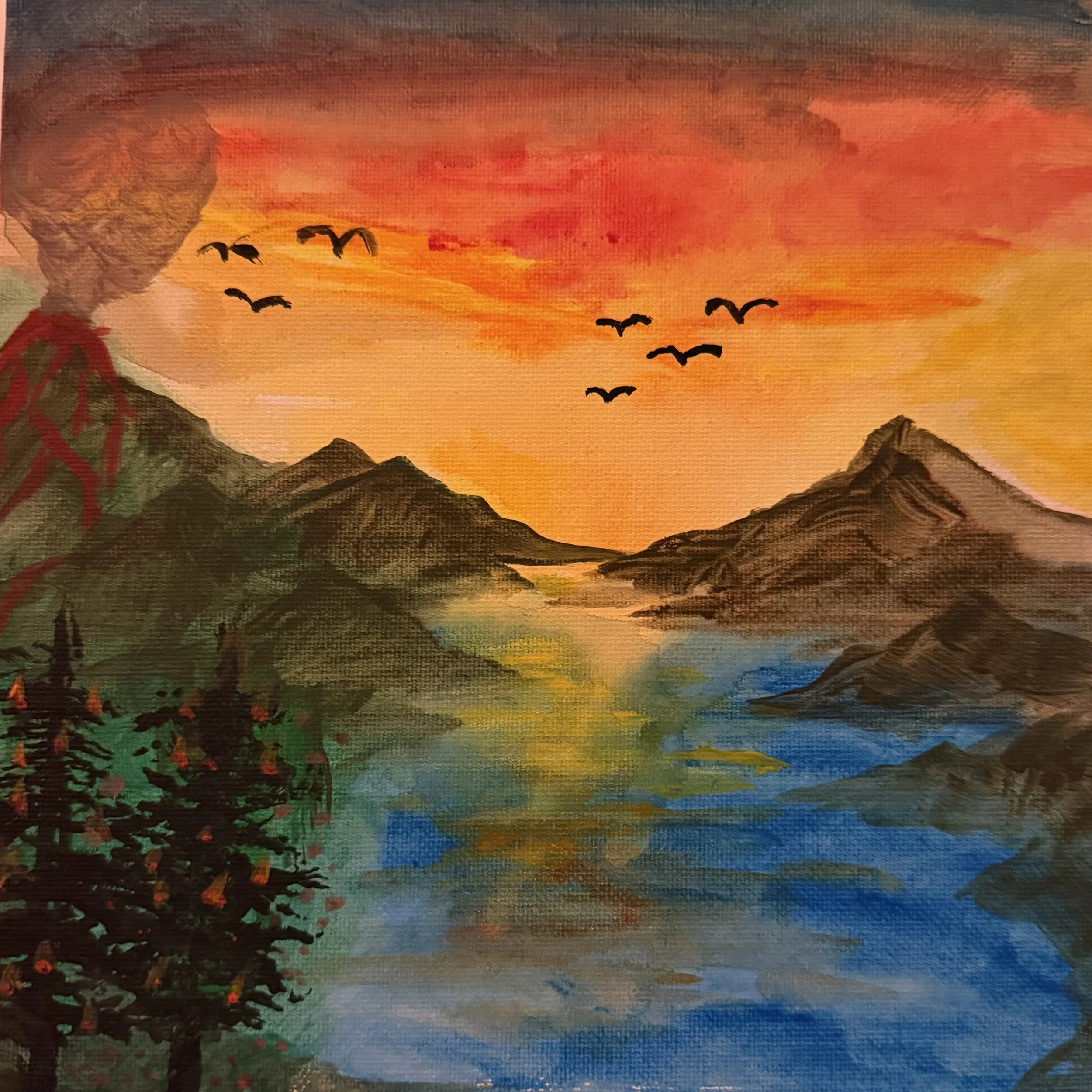 A colorful landscape painting of mountains and water during sunset with a volcano on the left, pine trees in the foreground, and birds flying in the sky.