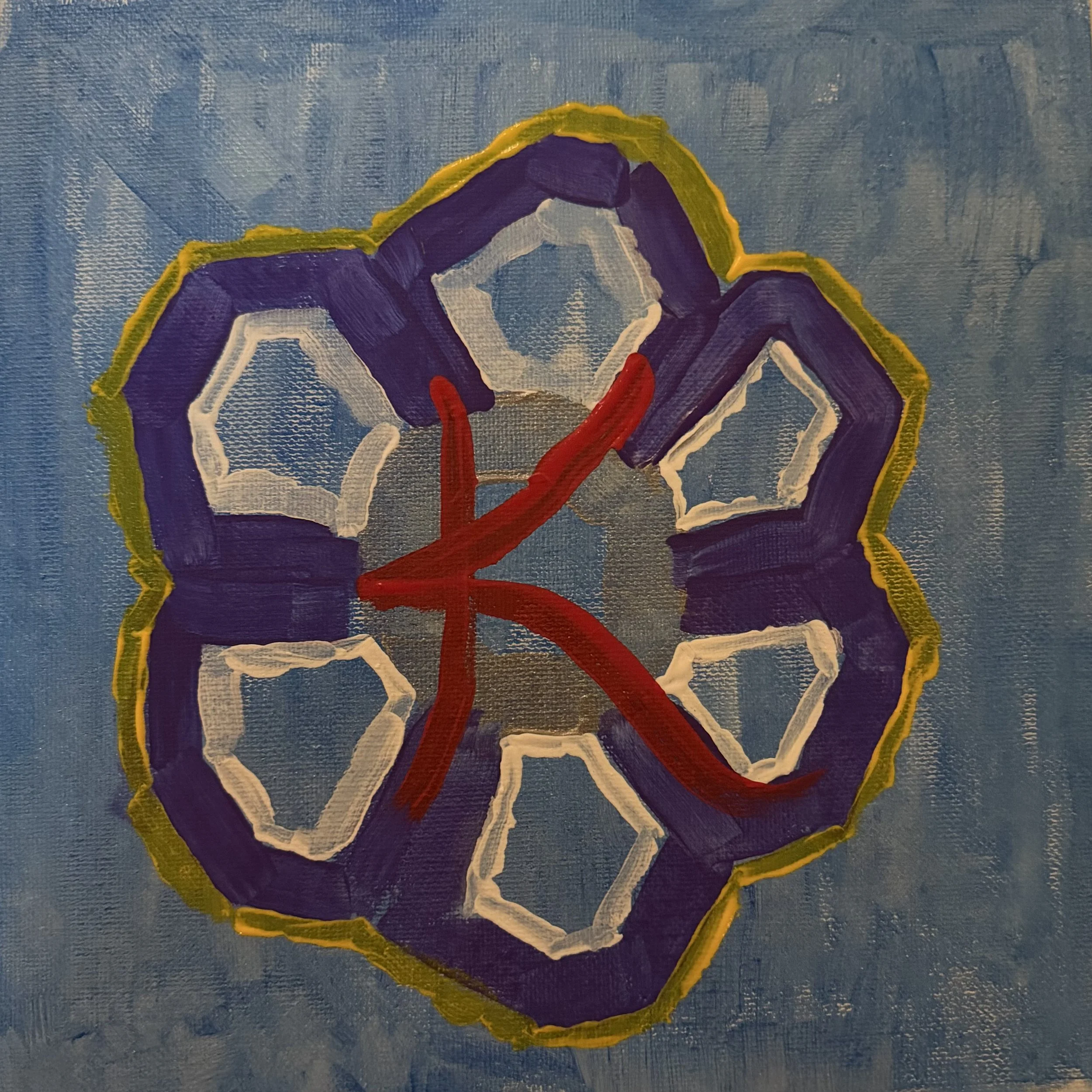 Abstract painting with blue background, purple flower-like shape with a yellow outline, white inner petal shapes, and red lines crossing at the center.