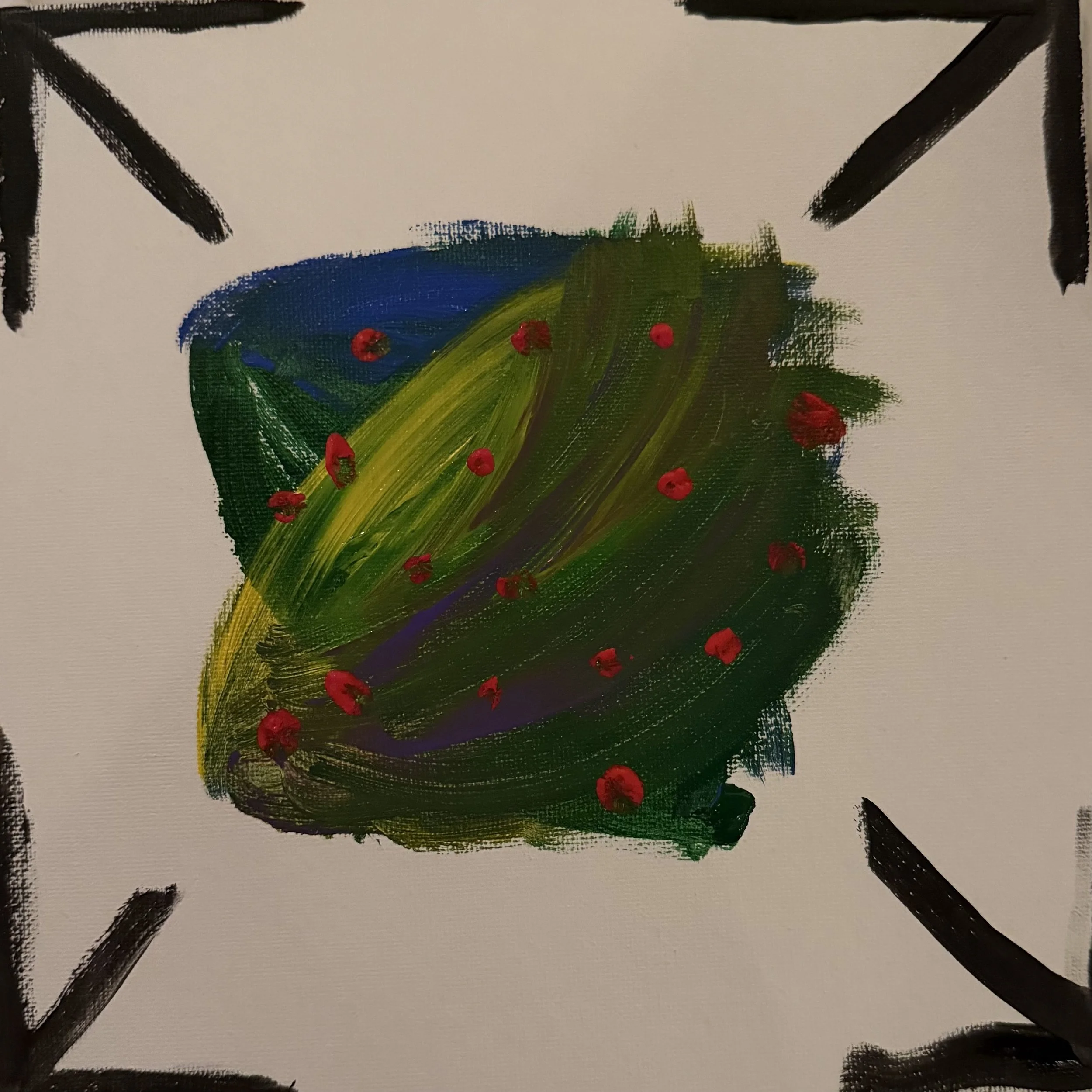 Abstract painting of a cactus with red berries, featuring green, purple, and blue strokes, with black frame borders.