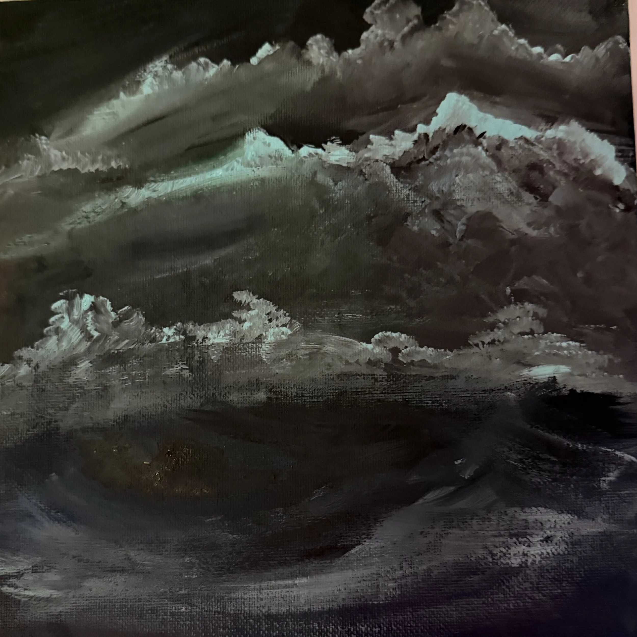 Abstract painting of swirling stormy clouds in shades of black, gray, and teal.