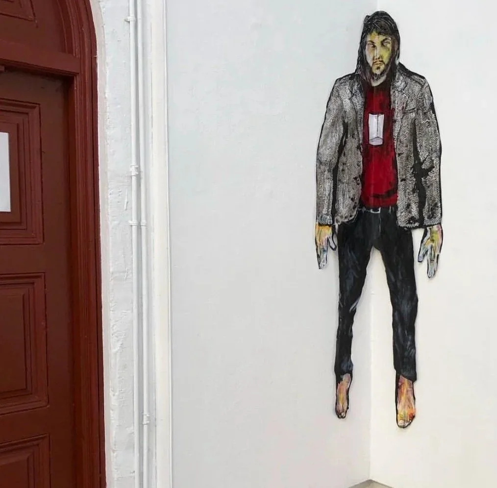 Installation photo of "Painted Myself Into the Corner" 2019. Mixed media on gallery wall. 72" x  21"