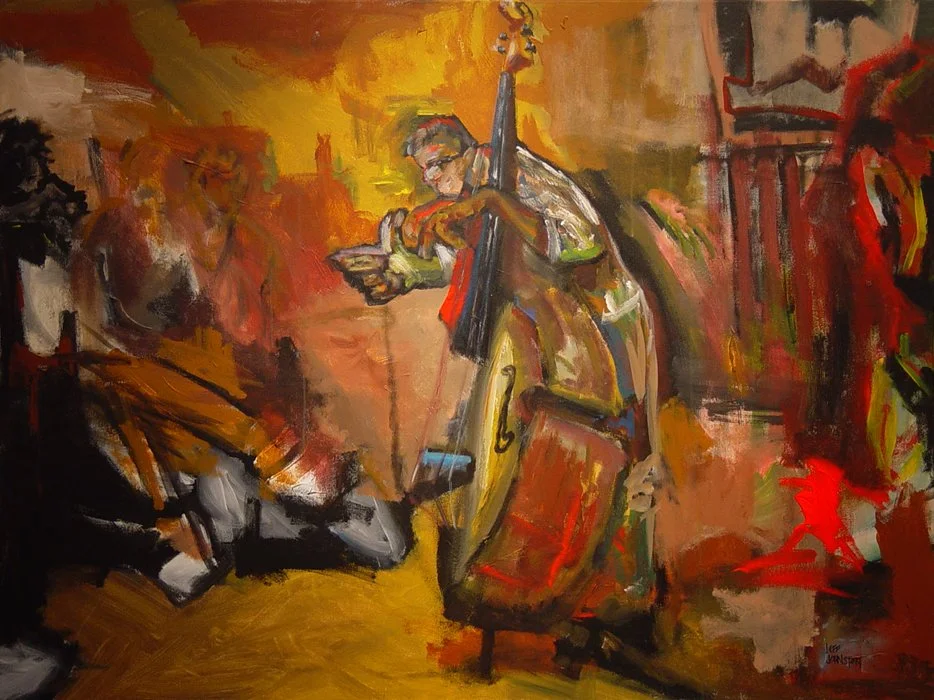"Bassist in the Bamboo Hut, San Francisco" 2003. Mixed media on Canvas. 48" x 36"