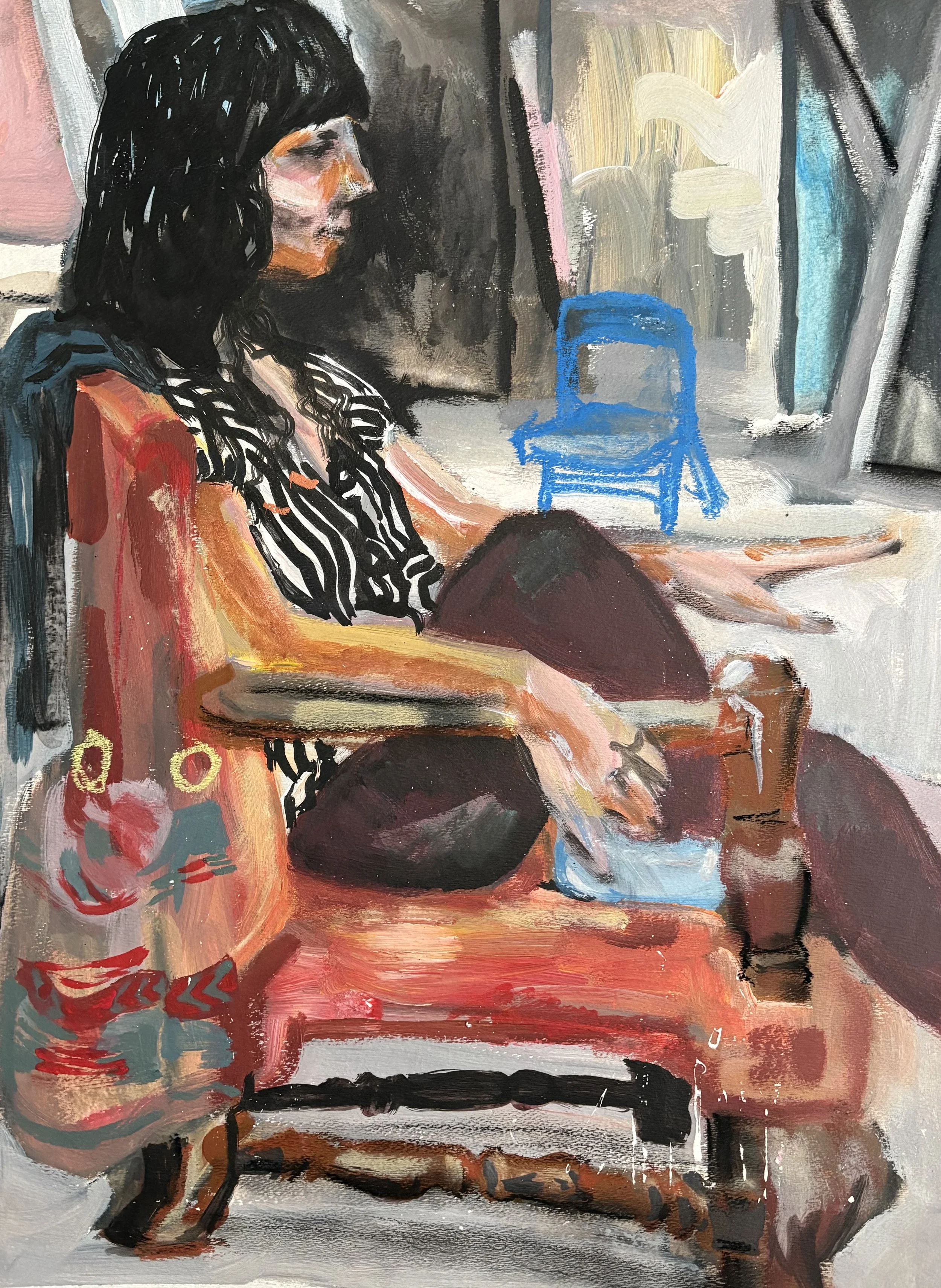 "Artist in Studio" 2014. Mixed media on paper. 18" x 24"