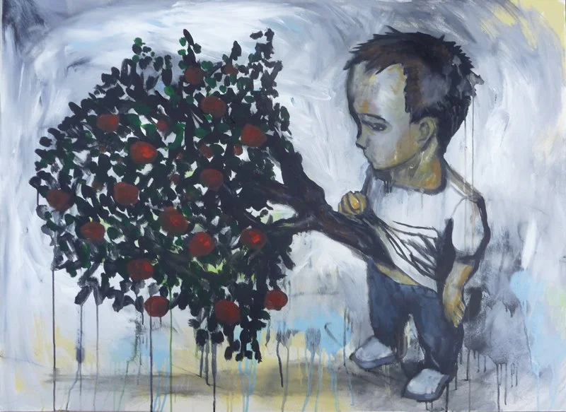 "But What If I Swallow the Apple Seed?" - Acrylic and ink on canvas. 30 x 20"