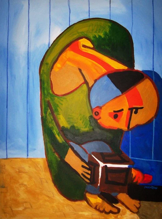 "Boy with Jack in the Box" 2005. Mixed media on canvas. 30" x 48"