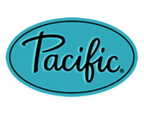 The Pacific logo with blue background and black text inside an oval shape.