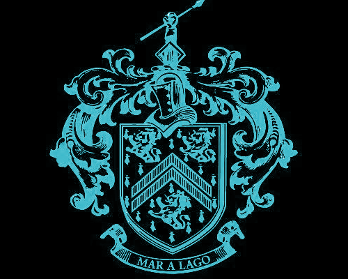 A blue crest featuring a shield with lions and an arrow, surrounded by ornate decorative elements, with a banner reading 'MAR A LAGO' at the bottom.