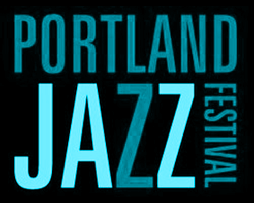Portland Jazz Festival logo with black background and blue text.