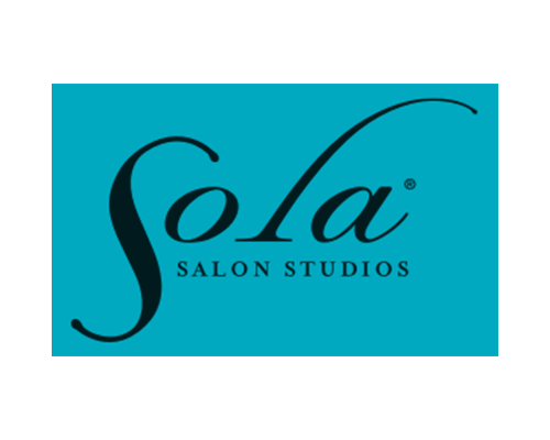 Logo for Sola Salon Studios with black text on a teal background.