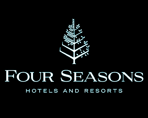 Four Seasons Hotels and Resorts logo featuring a stylized tree in light blue on a black background.