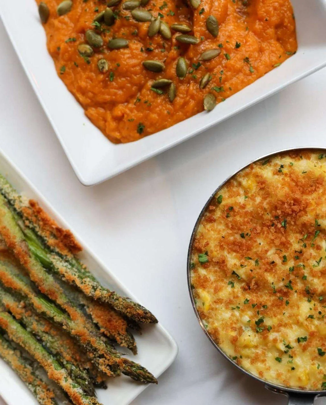 Sides for the table: Roasted Honeynut Squash, Grilled Asparagus, and Jalepe&ntilde;o Creamed Corn.