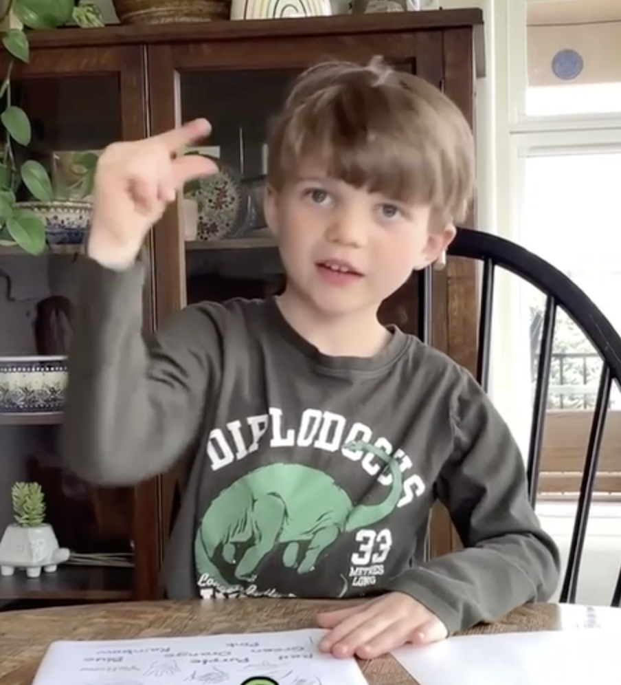 6yo boy signing "green" in ASL while sitting at a table