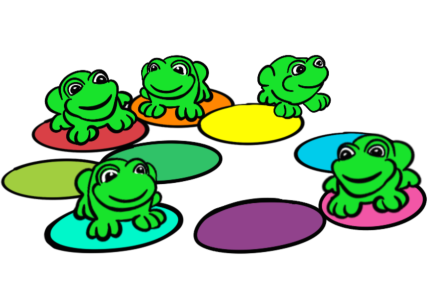 drawing of five green frogs on a group of colorful circles