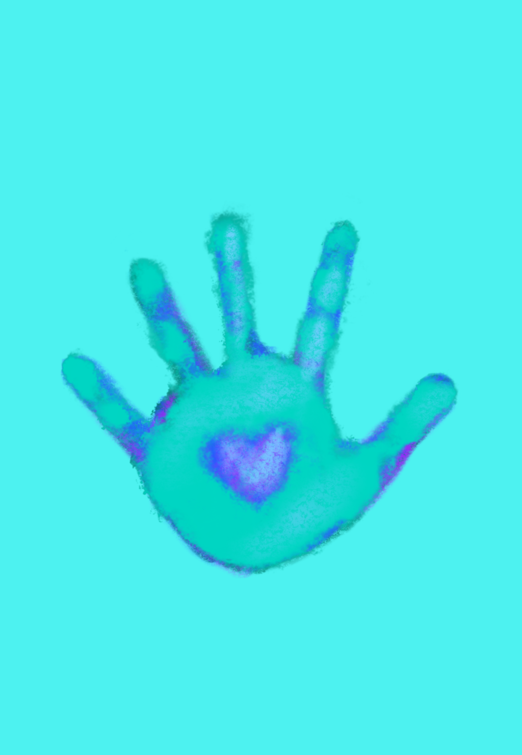 Turqoise card back with darker turquoise handprint. This handprint has a dark blue heart in the middle of the palm.