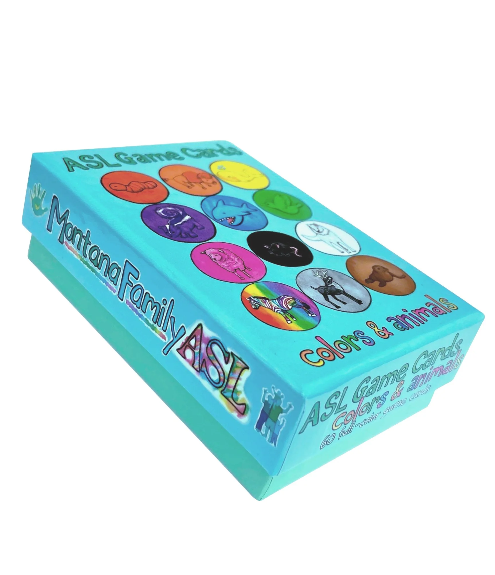 Card game box for "Colors & Animals". Turquoise box top with colorful circles and animals. Text on box top reads "ASL Game Cards" and "colors & animals". One visible side has the Montana Family ASL logo with text