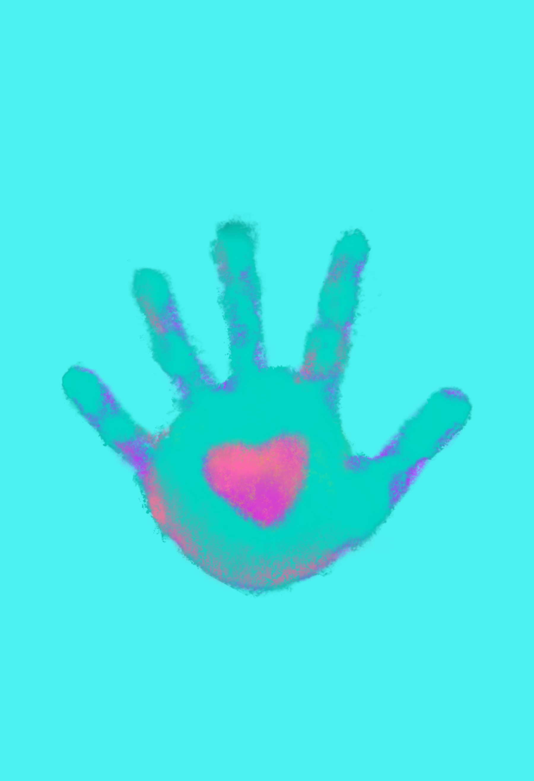 Turqoise card back with darker turquoise handprint. This handprint has a pink heart in the middle of the palm.