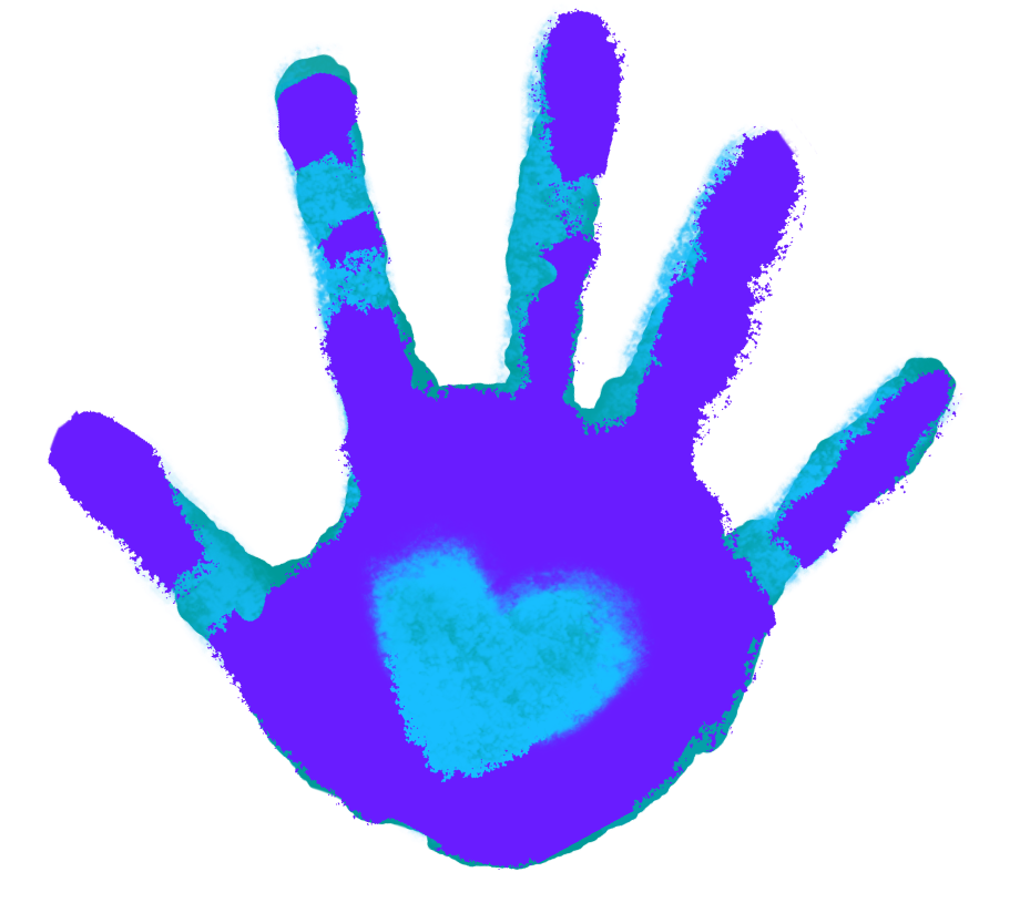 purple handprint with turquoise heart in palm