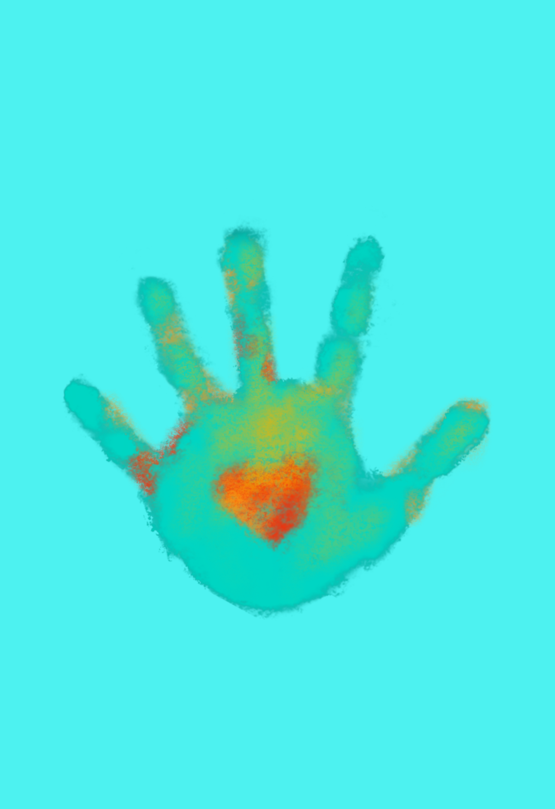 Turqoise card back with darker turquoise handprint. This handprint has an orange heart in the middle of the palm.