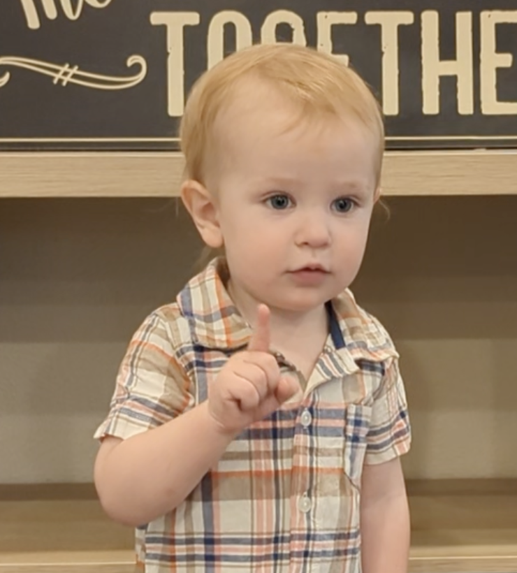 white toddler with red hair holding up one finger
