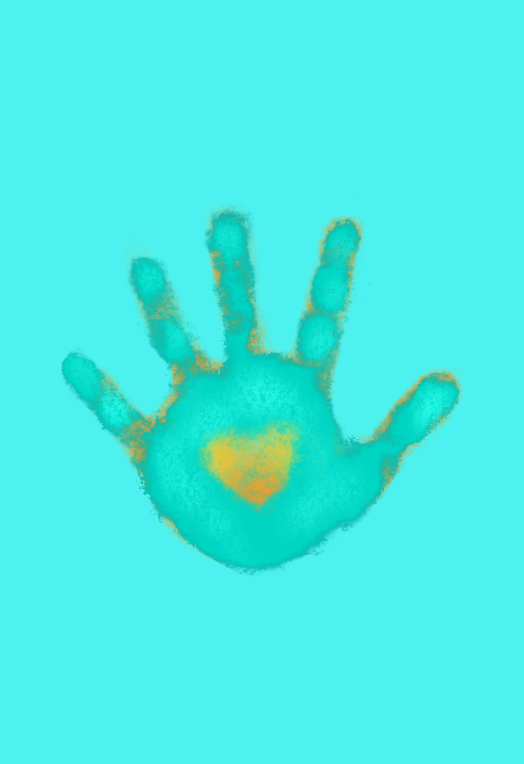 Turqoise card back with darker turquoise handprint. This handprint has a yellow heart in the middle of the palm.