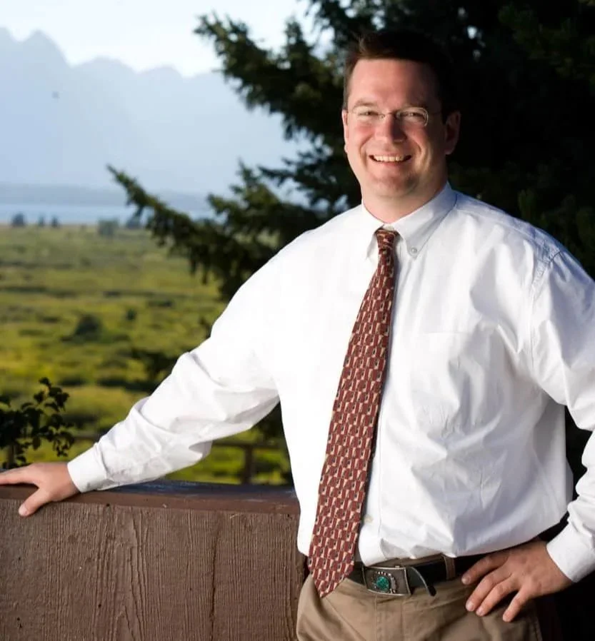 Photographer Scott Indermaur standing in while the lighting and composition were tested before photographing Alan Greenspan in Jackson Hole, Wyoming, in 2005.