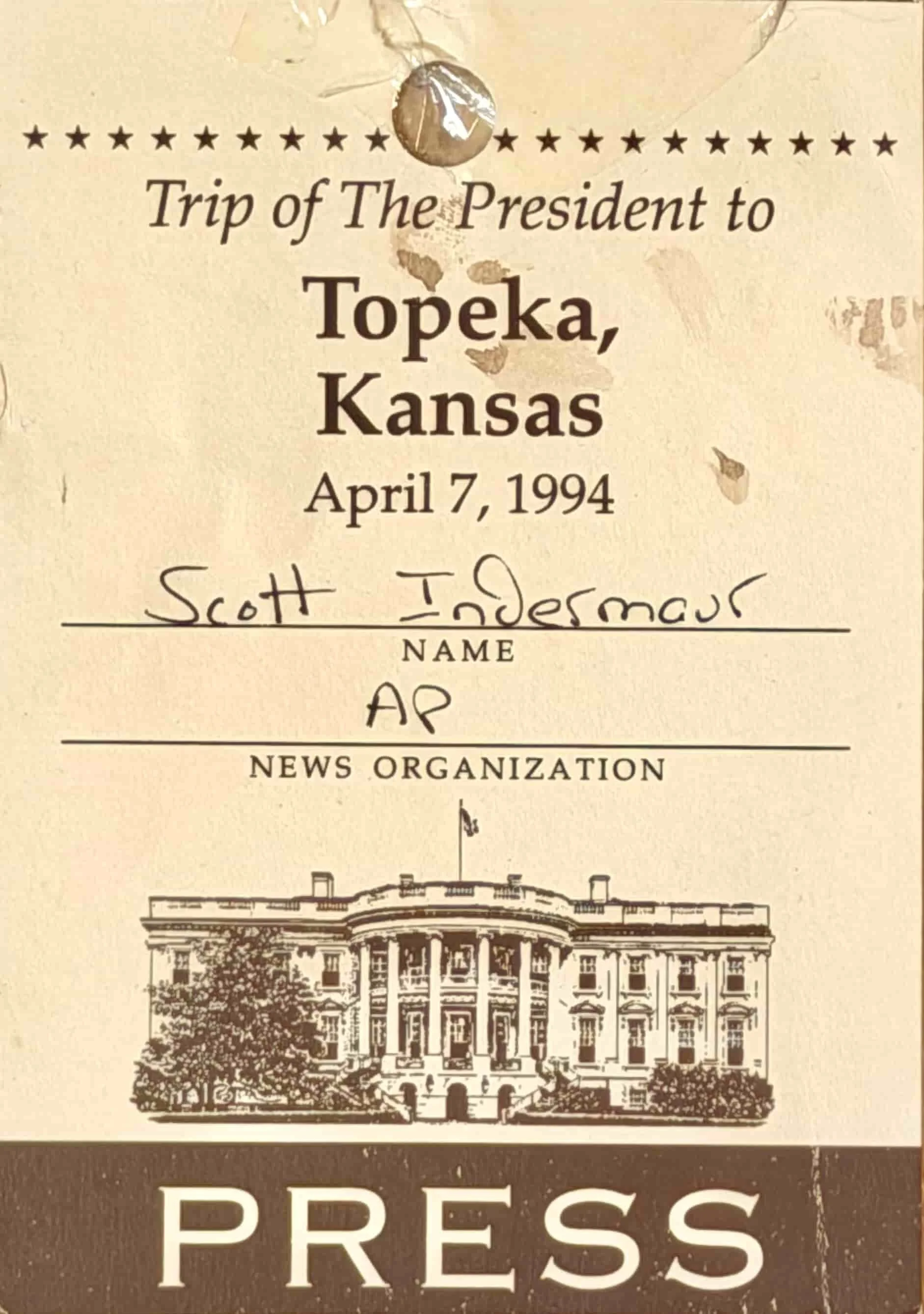 Associated Press press credential for President Bill Clinton’s trip to Topeka, Kansas on April 7, 1994 assigned to photographer Scott Indermaur.