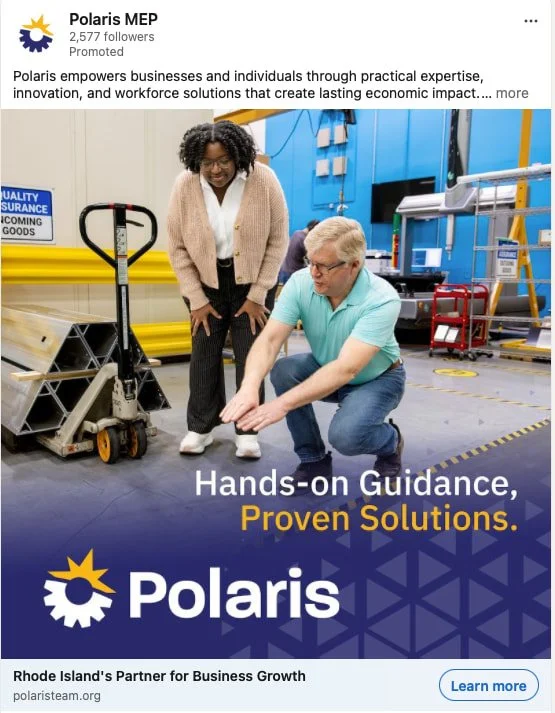 Polaris LinkedIn advertisement using manufacturing photography from the Hexagon facility with the message Hands-on Guidance, Proven Solutions.