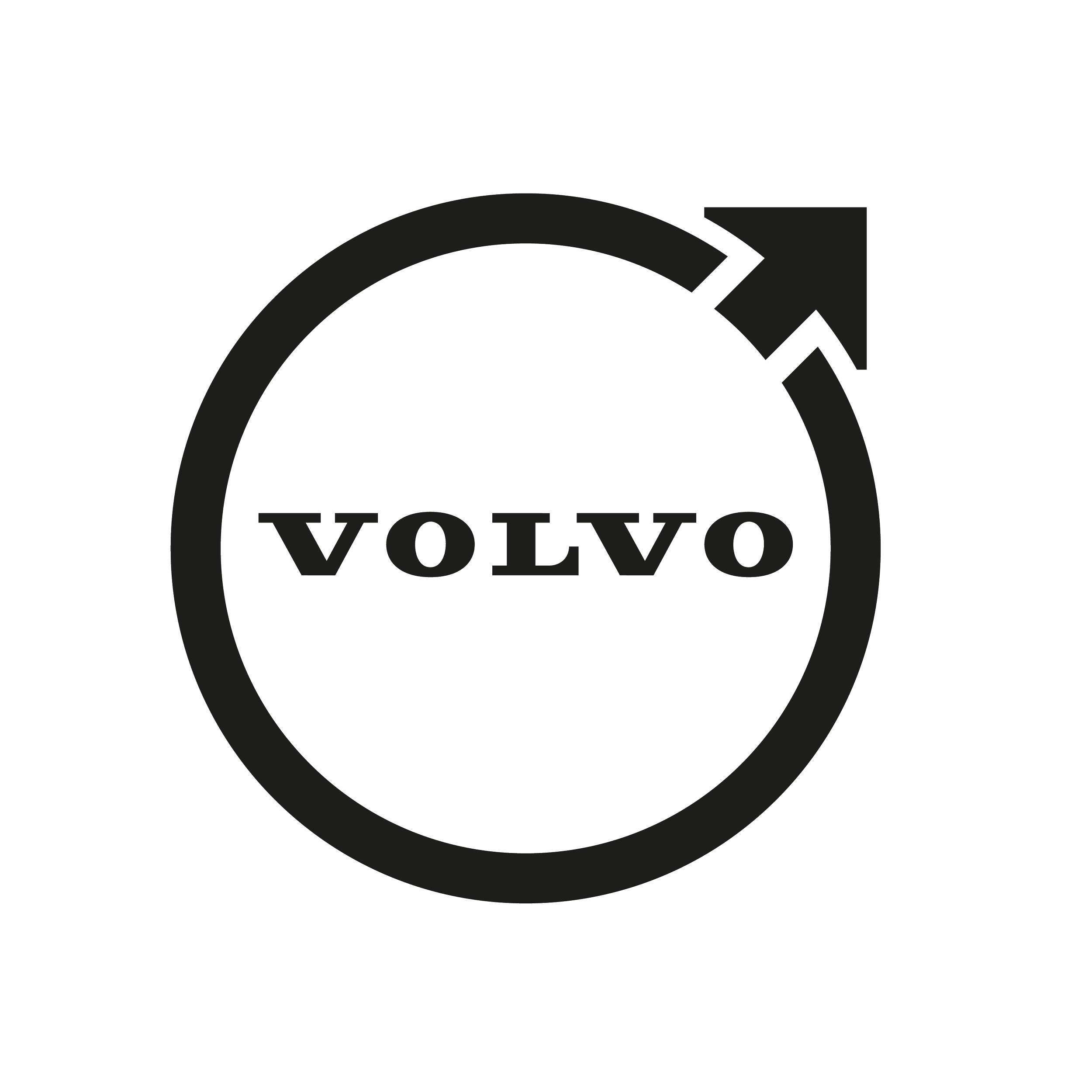 Black and gray Volvo logo with an arrow forming a circle around the brand name.