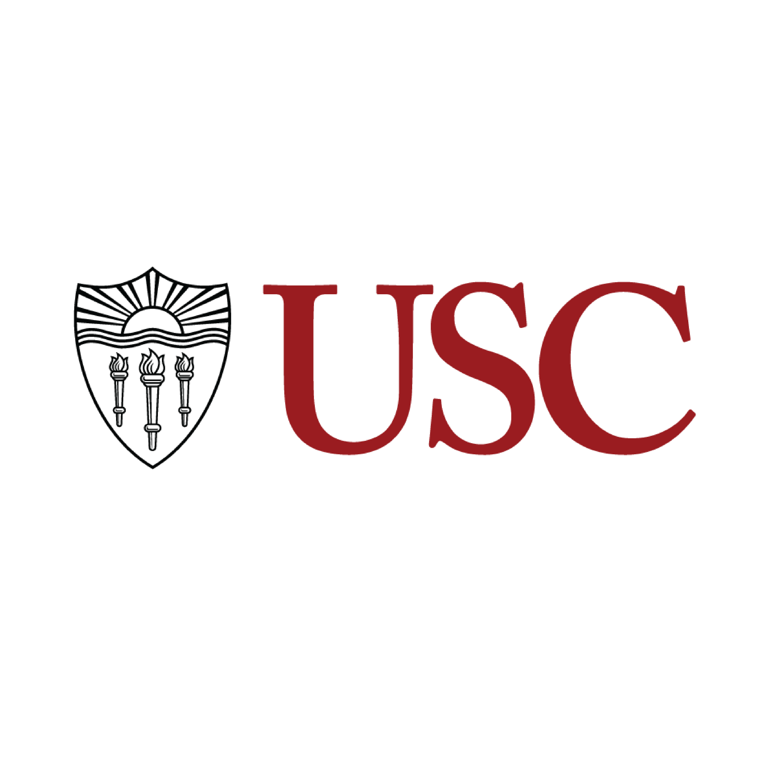 USC logo with a shield featuring three torches and rays.