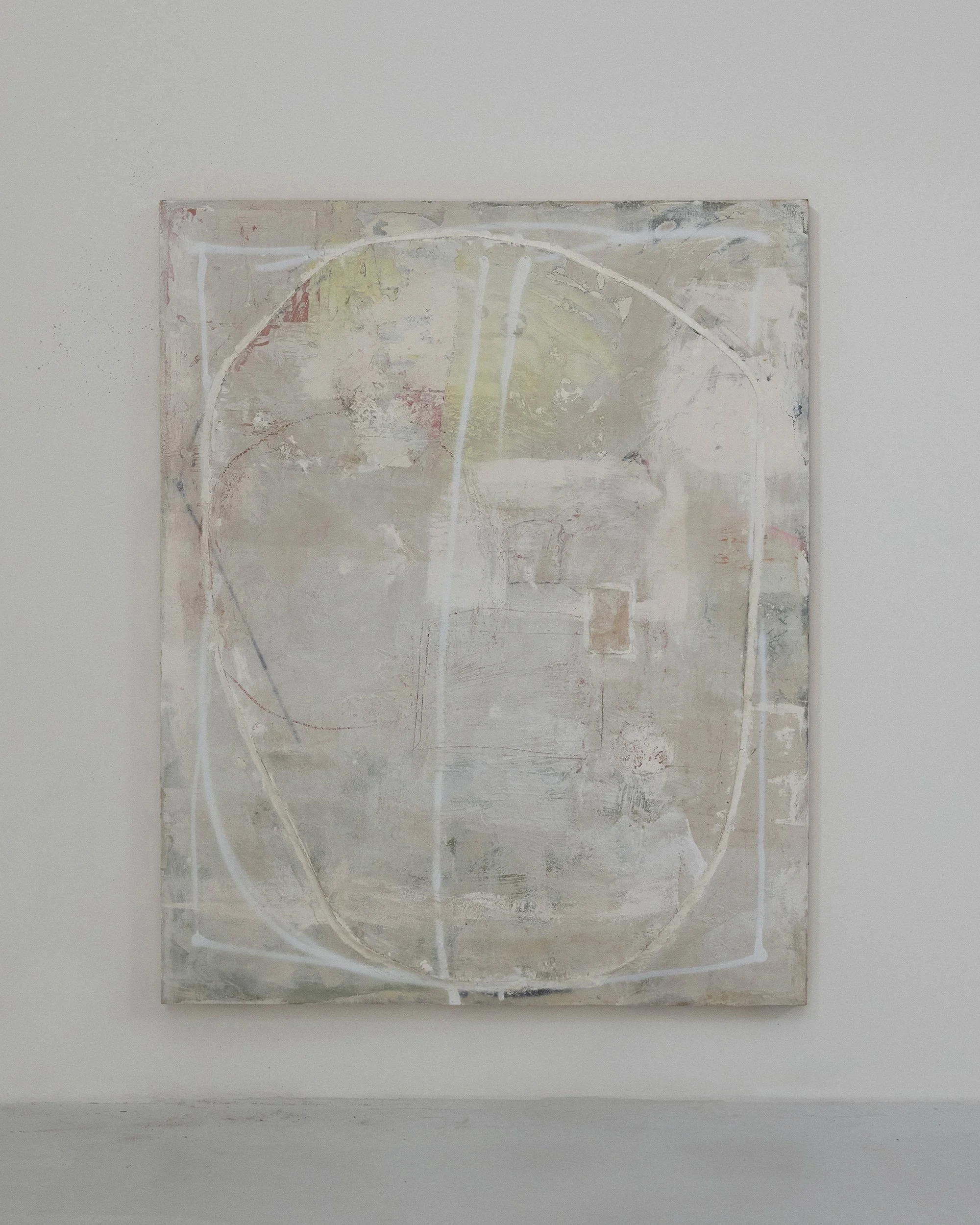 untitled, 2025, oil, wax, house-paint, sand, paper, canvas, marble dust on board, 147.5 x 119cm